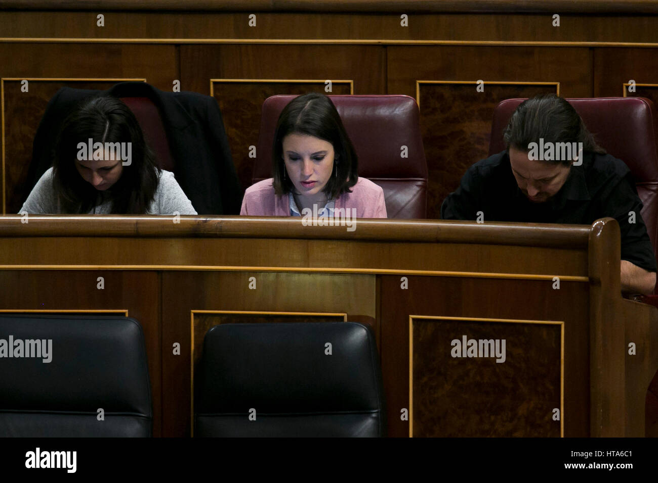 Podemos leader Pablo Iglesias and Podemos spokesperson Irene Montero during an ordinary session at Spanish Parliament in Madrid, on Thursday 09, March 2017. Stock Photo