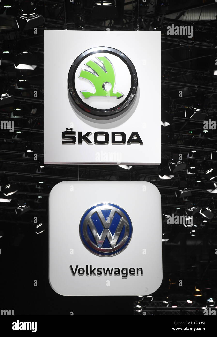 Geneva, Switzerland. 7th Mar, 2017. A Skoda and VW logo, photographed  during the second press day at the 87th Geneva International Motor Show in  Geneva, Switzerland, 7 March 2017. Photo: Uli Deck/dpa/Alamy