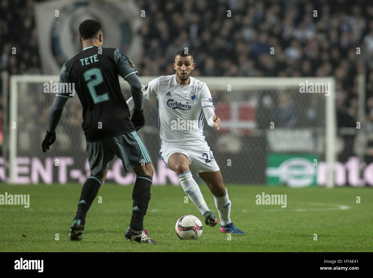 Denmark, Copenhagen, March 9th 2017. Youssef Toutouh (R) of FC Copenhagen is up against Kenny Tete (2) during the Europa League round of 16 match between FC Copenhagen and Ajax Amsterdam at Telia Parken. Stock Photo