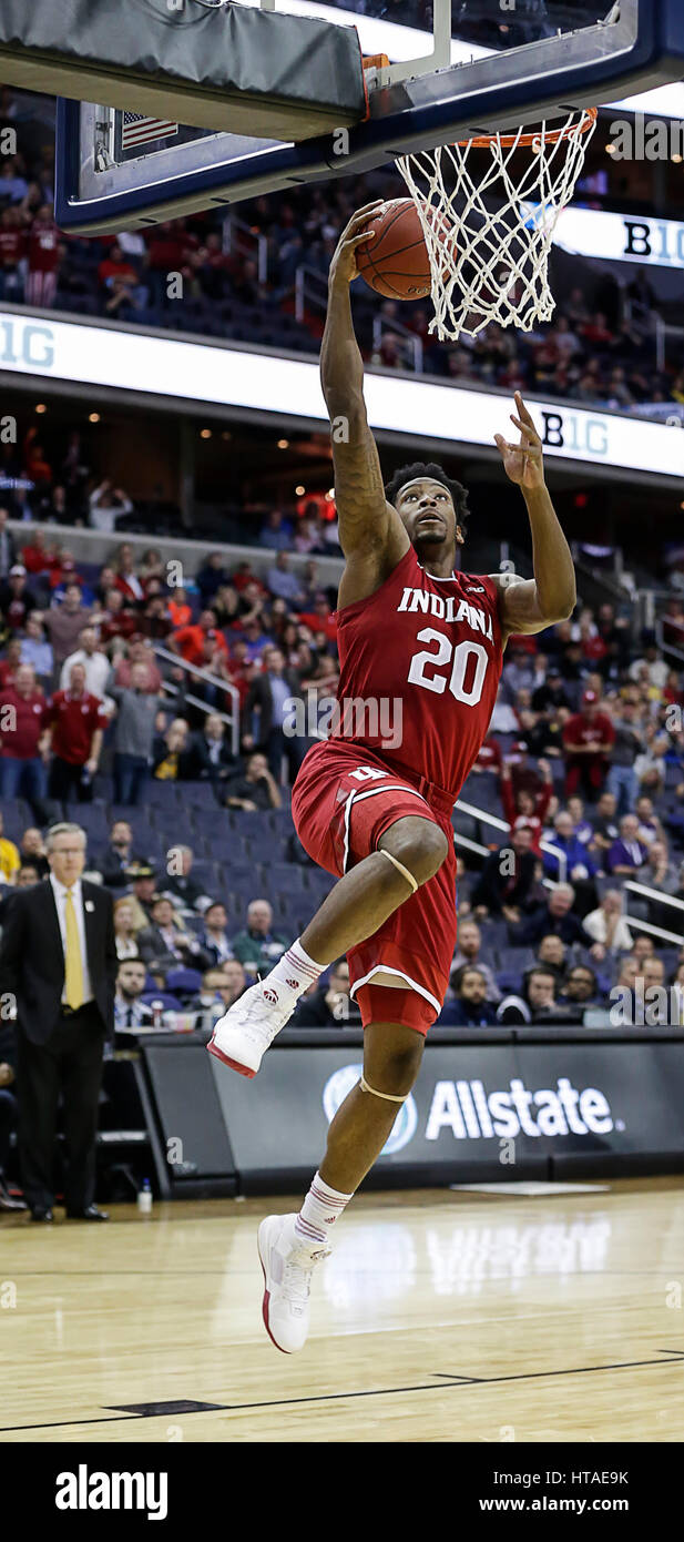 March 9, 2017: Indiana Hoosiers C #20 De'Ron Davis puts up a layup with an open court during a Big 10 Men's Basketball Tournament game between the Indiana Hoosiers and the Iowa Hawkeyes at the Verizon Center in Washington, DC Justin Cooper/CSM Stock Photo