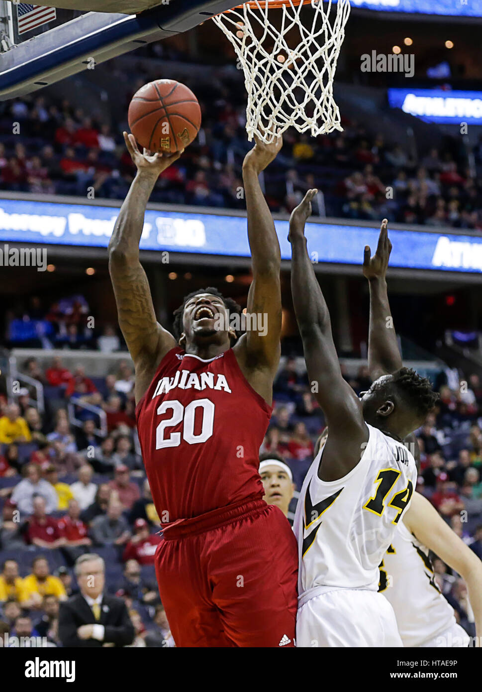 March 9, 2017: Indiana Hoosiers C #20 De'Ron Davis goes to the basket during a Big 10 Men's Basketball Tournament game between the Indiana Hoosiers and the Iowa Hawkeyes at the Verizon Center in Washington, DC Justin Cooper/CSM Stock Photo