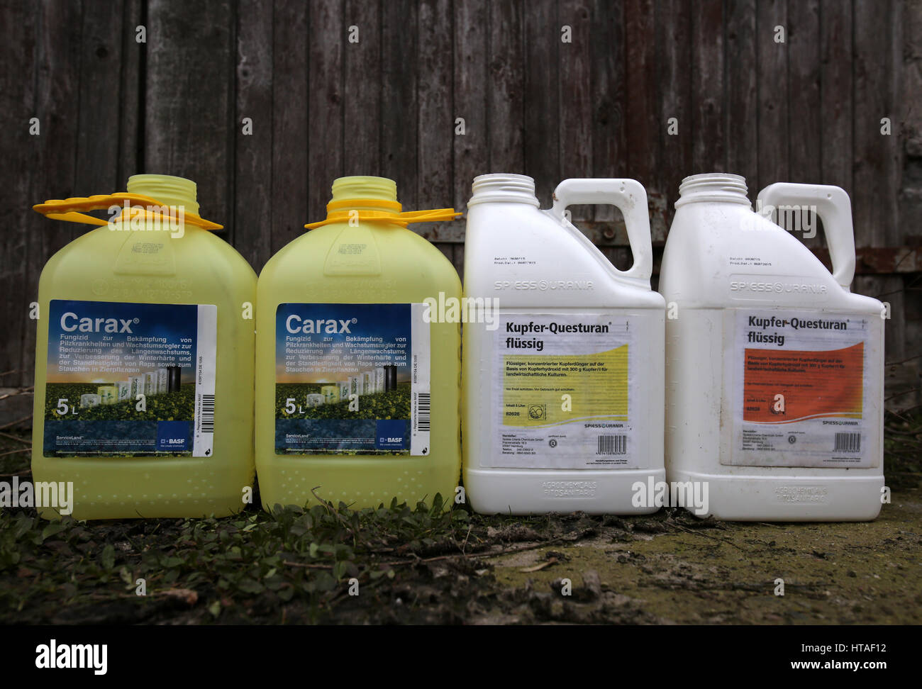 Neuenkirchen, Germany. 08th Mar, 2017. Empty pesticide containers on