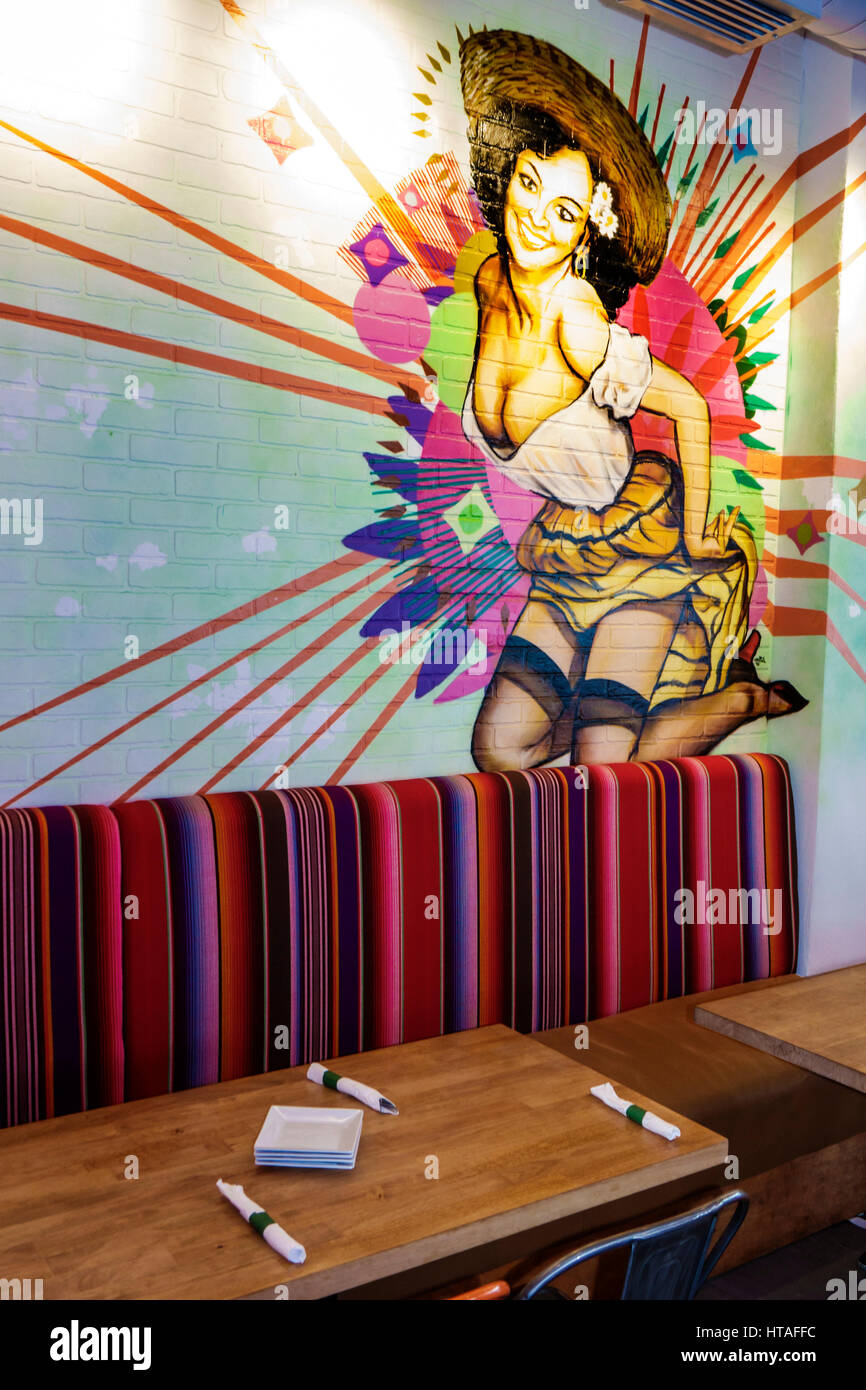Miami Beach Florida,Pepper's Authentic Mexican,Tex-Mex eatery,restaurant restaurants food dining cafe cafes,colorful decor,mural,FL170115036 Stock Photo