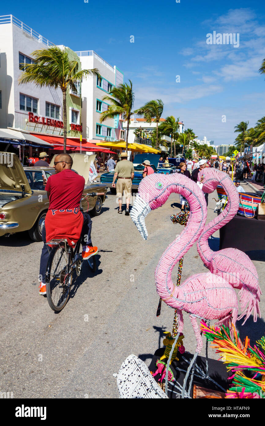 Miami Beach Florida,Ocean Drive,Art Deco Weekend,community festival,street fair,vendor vendors stall stalls booth market marketplace,shopping shopper Stock Photo