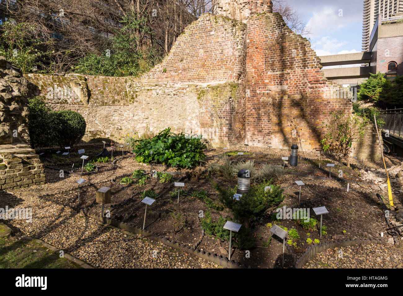 Bastion 13 of London City Wall - the medieval construction over the remains of the Roman Wall and the Barbers' physic Garden, City of London, England, Stock Photo