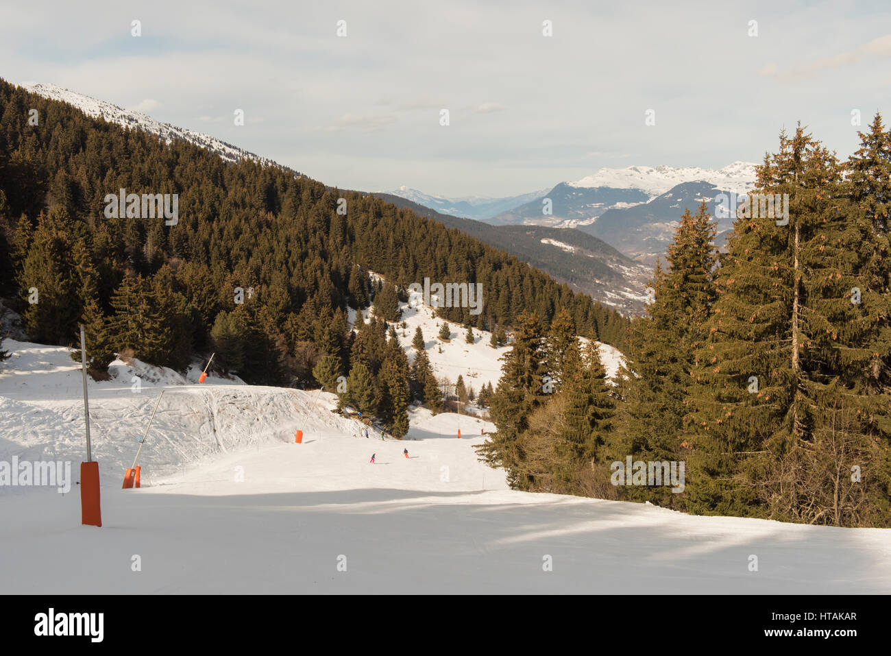 Panoramic view down snow covered valley in alpine mountain range with conifer pine trees Stock Photo