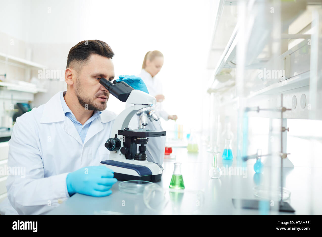 Microbiologist studying new virus or its antidote Stock Photo