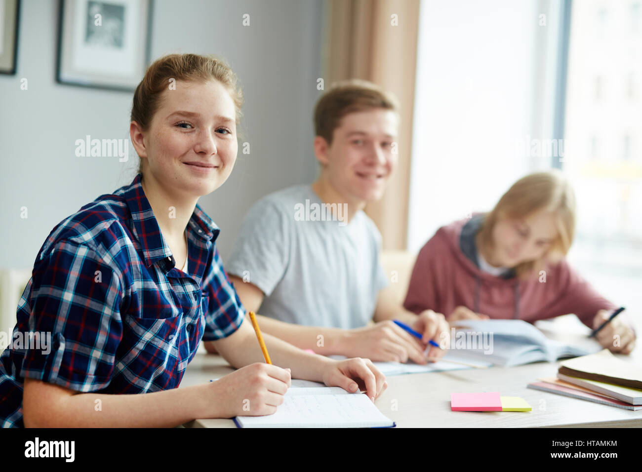 Happy girl carrying out task at lesson and looking at camera Stock Photo