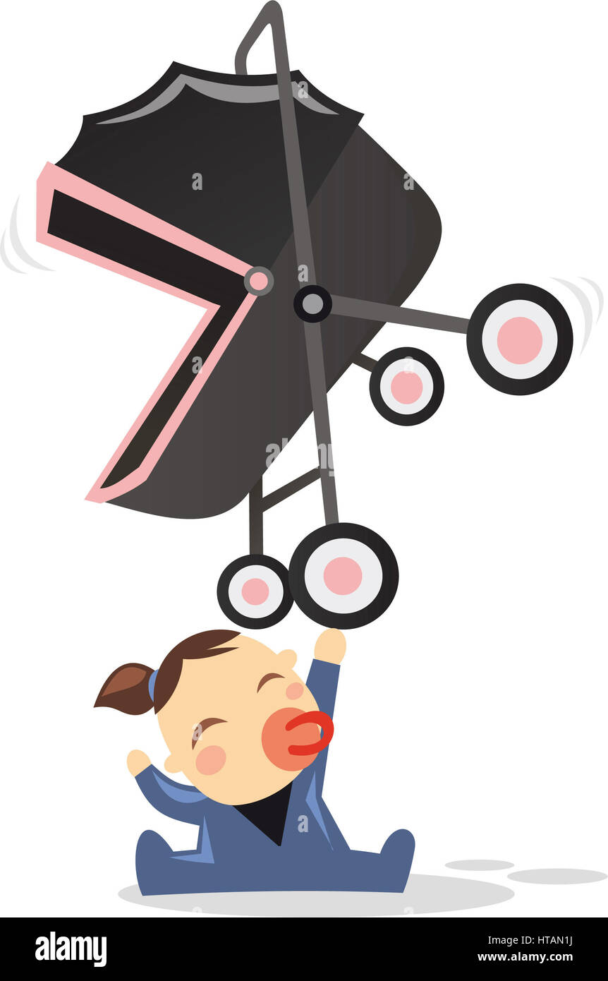 Superhero baby happily holding a stroller with one hand, with super strength power. Also, with a black buggy and blue baby costume vector illustration Stock Photo