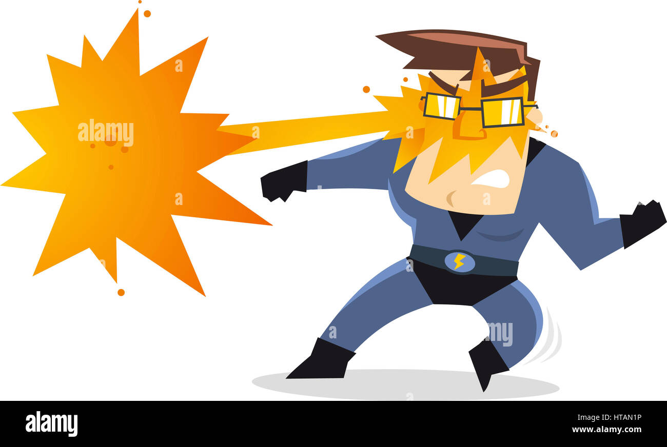Superhero dad, with flash light coming out of its eyes using his fire powers, with blue hero costume and thunder belt vector illustration. Stock Photo