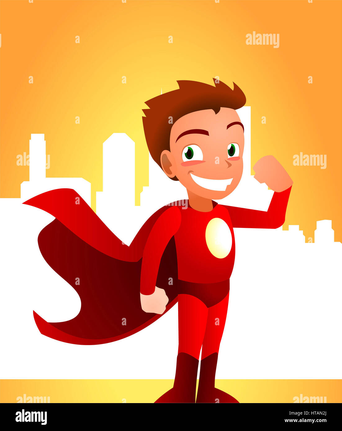 Superhero boy showing his strength, can be used separately from its background. With standing superhero wearing his read hero costume, with city image Stock Photo