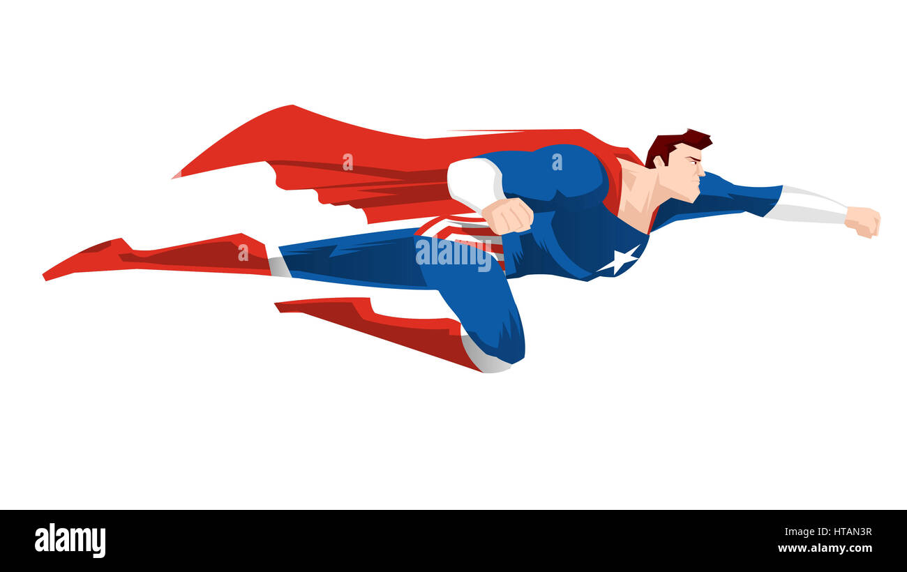 Superhero flying ready to work with red cape and boots, and a blue super hero garment vector illustration. Star shape on its chest. Stock Photo