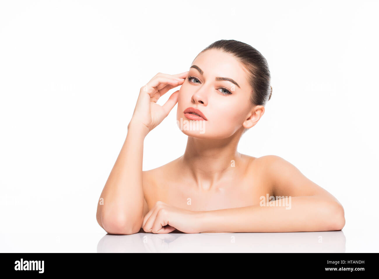 Beauty Portrait. Beautiful Spa Woman Touching her Face. Perfect Fresh ...