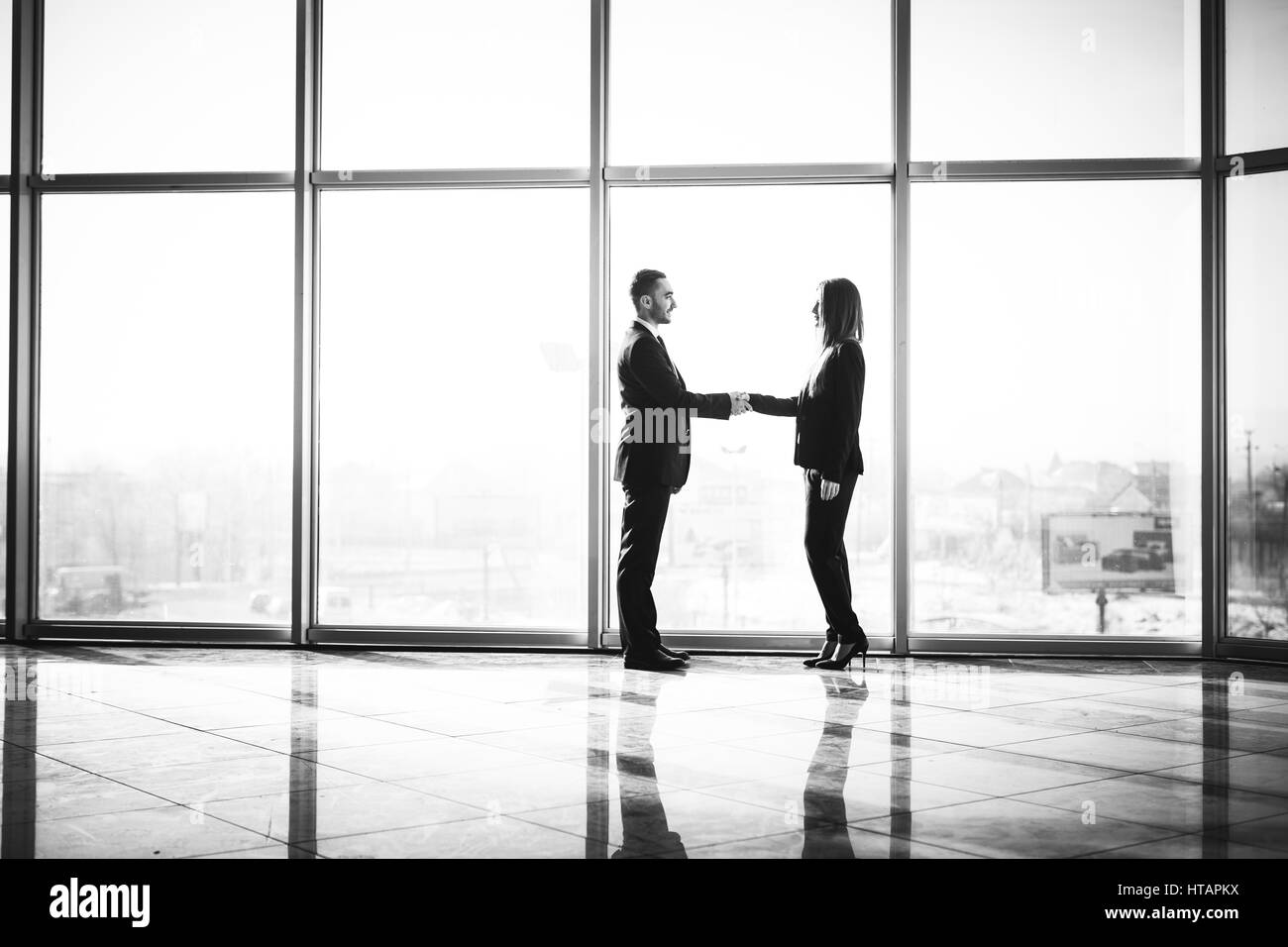 Young business partners handshaking after making agreement against big panoramic windows. Stock Photo