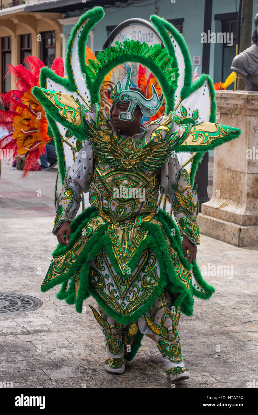 The colorful Children's Carnival Parade in the historic Old Colonial City of Santo Domingo, Dominican Republic.  A UNESCO World Heritage Site. Stock Photo