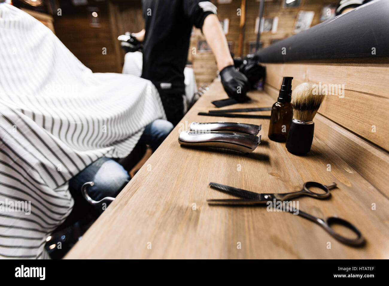Professional haircut and shaving set on workplace of hairdresser Stock