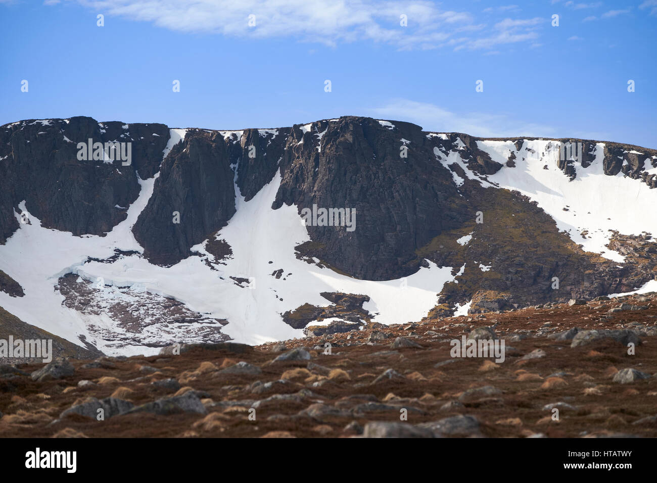 Remains of the winters snow in Coire an Lochain in the Cairngorms, Scottish Highlands. UK. Stock Photo