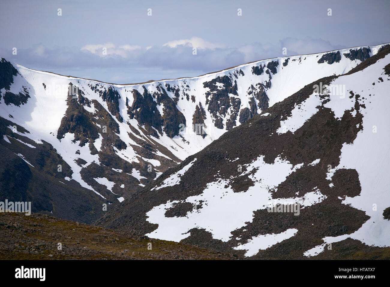 Looking over Allt a Garbh Coire with Sgor An Lochain Uaine to the left in the Cairngorms, Scottish Highlands. Stock Photo