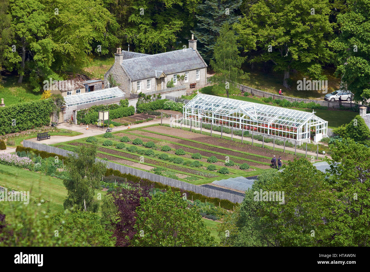 Vegetable garden and glass houses in the Balmoral Castle Estate, Aberdeenshire, North East Scottish Highlands. Stock Photo