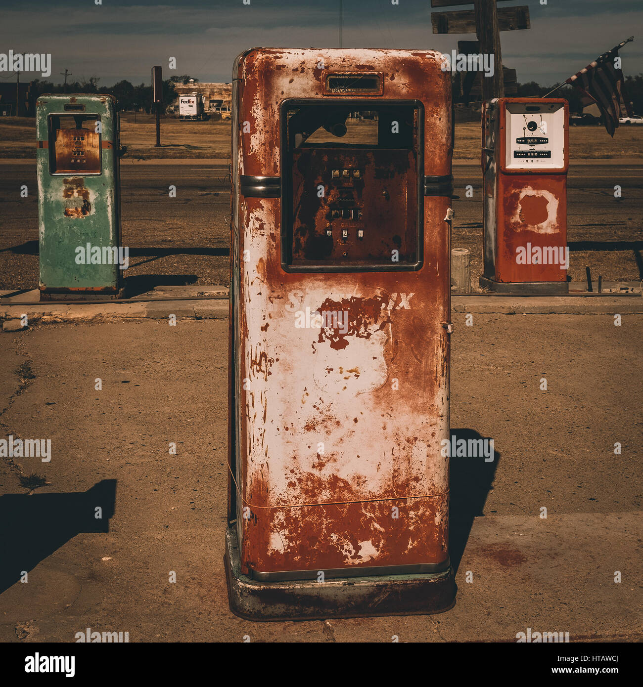 Old Ghost Town Gas Station, Adrian, Texas Stock Photo