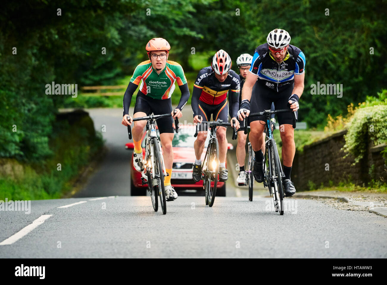 NORTHUMBERLAND, ENGLAND, UK - AUGUST 07, 2016: A group of riders out on a training ride for a long distance endurance road race. Stock Photo