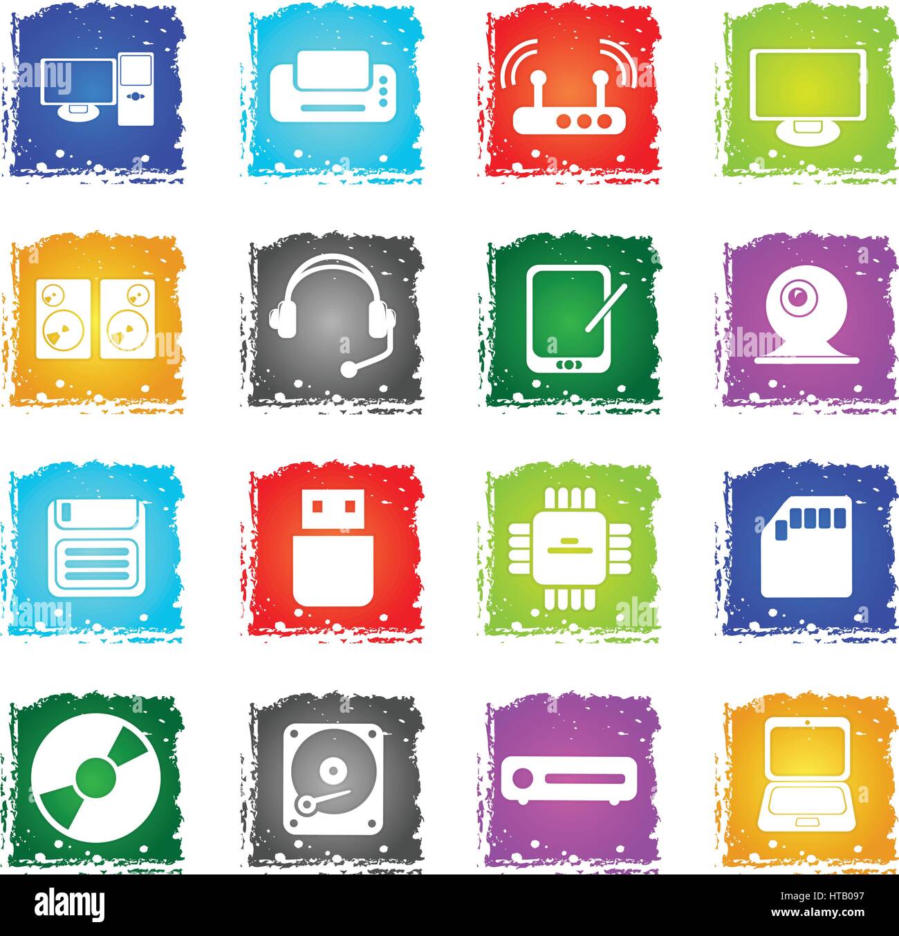 Computer equipment simple vector icons in grunge style for user ...