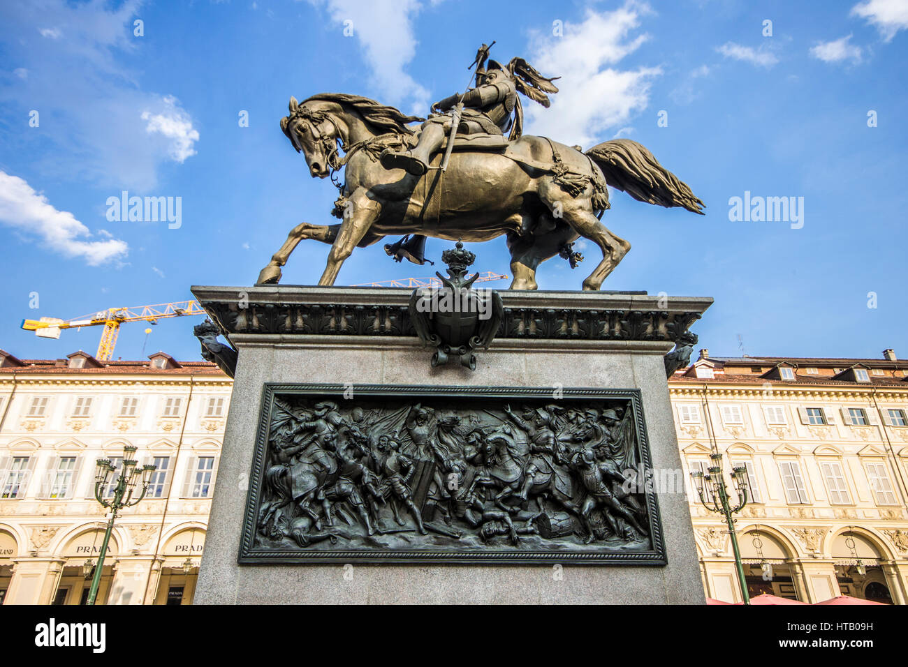 Monuments of Piazza San Carlo, one of the main city squares in Turin, Italy. Equestrian statue of Emmanuel Philibert, Duke of Savoy, by Carlo Marochet Stock Photo