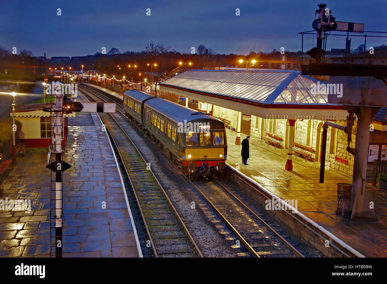 Ramsbottom station at night. ELR DMU diesel evening dusk Heritage train railway Stock Photo