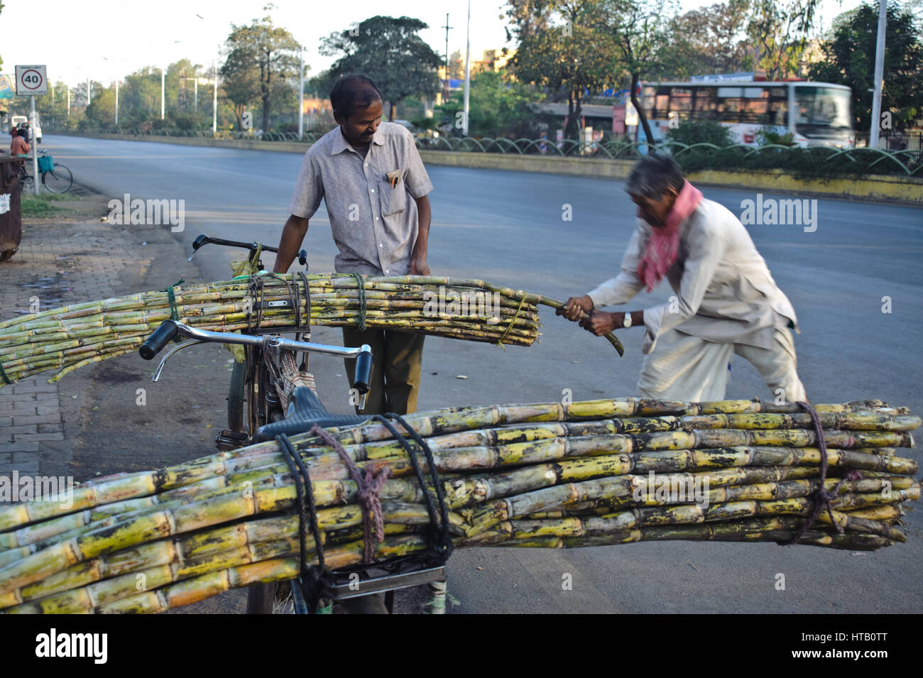 Man selling sugar cane + client ( India) Stock Photo