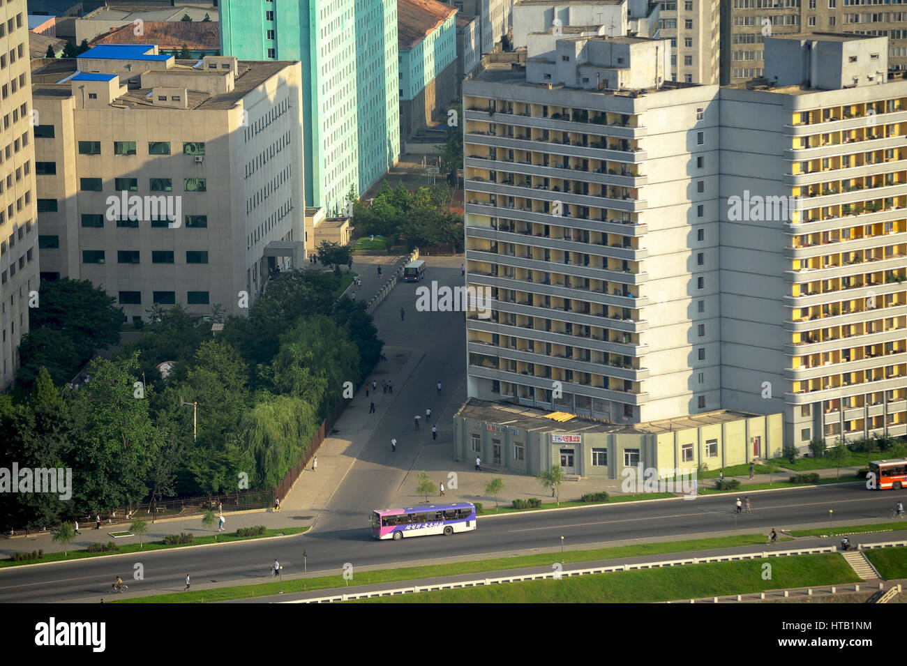 07.08.2012, Pyongyang, North Korea - View of high-rise buildings in the center of the North Korean capital. North Korean architecture is simple. Stock Photo