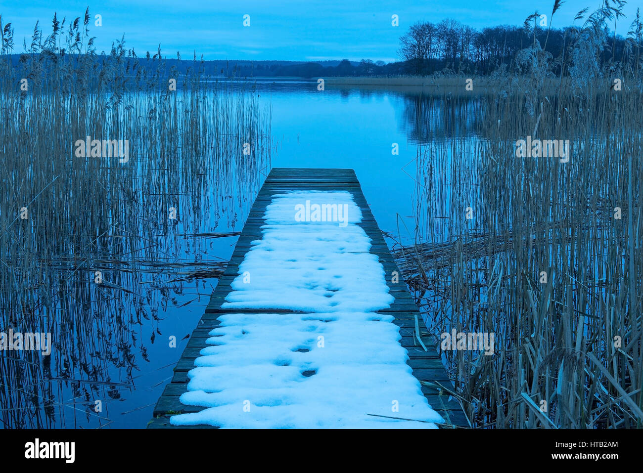 Footbridge in the wintry lake, Steg am winterlichen See Stock Photo