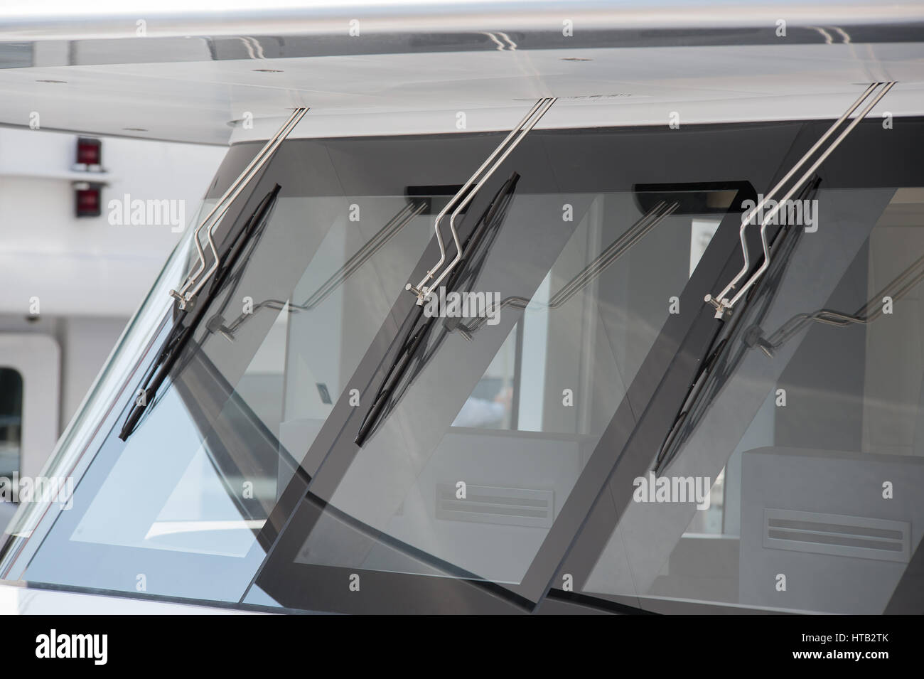 Detail of bridge windscreen of luxury super yacht with wipers Stock Photo