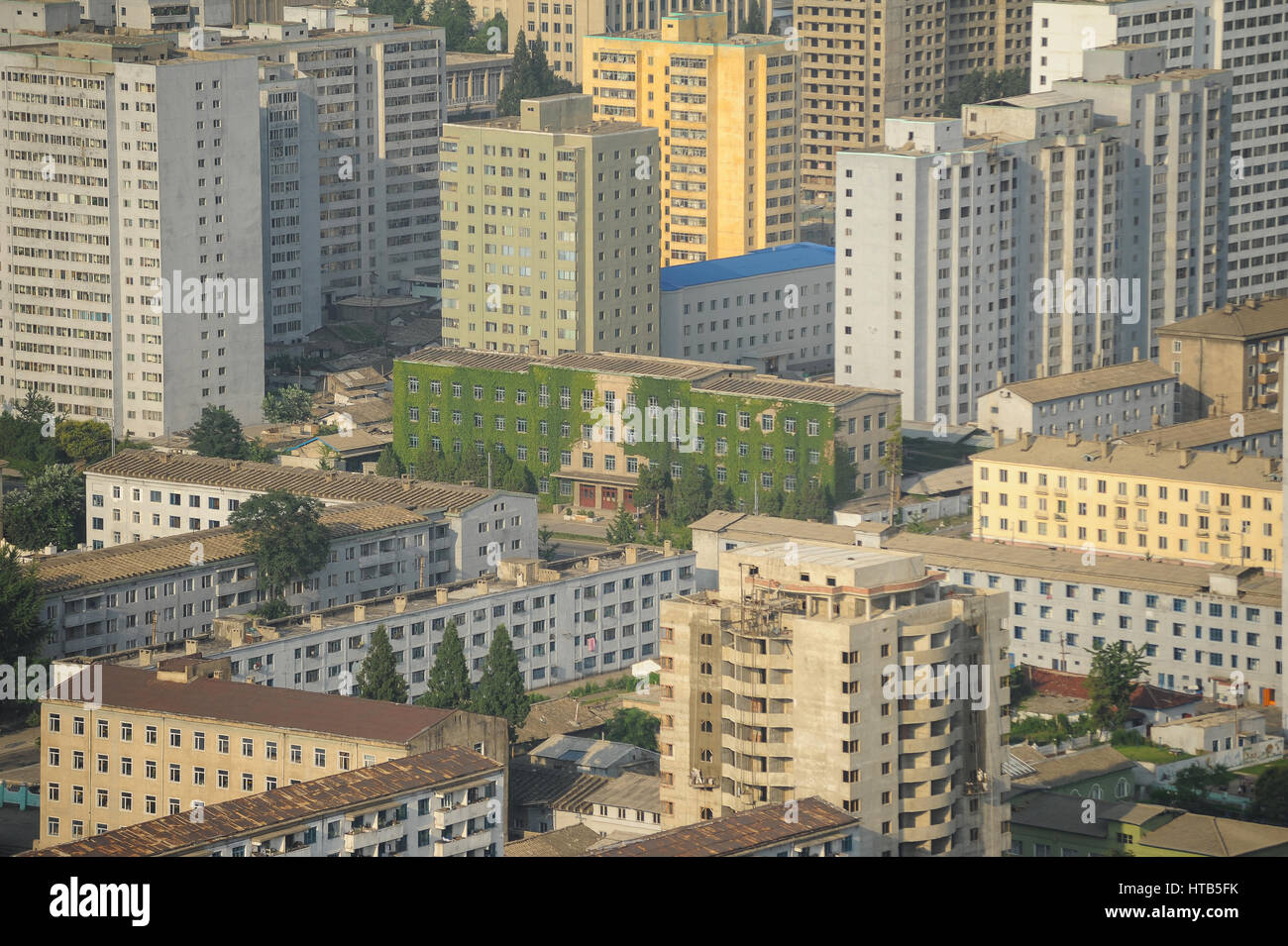 08.08.2012, Pyongyang, North Korea - View of buildings in the center of the North Korean capital. North Korean architecture is simple and monotonous. Stock Photo