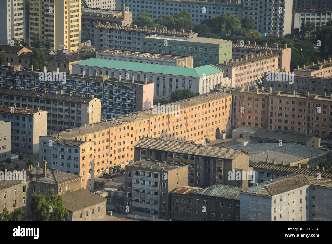 08.08.2012, Pyongyang, North Korea - View of buildings in the center of the North Korean capital. North Korean architecture is simple and monotonous. Stock Photo