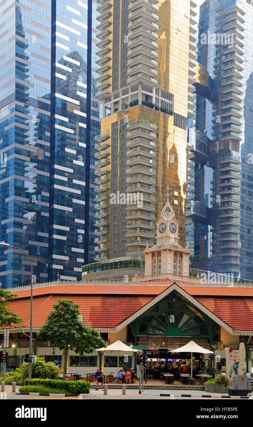 Singapore, Business District, Lau Pa Sat, food court, skyscrapers, Stock Photo