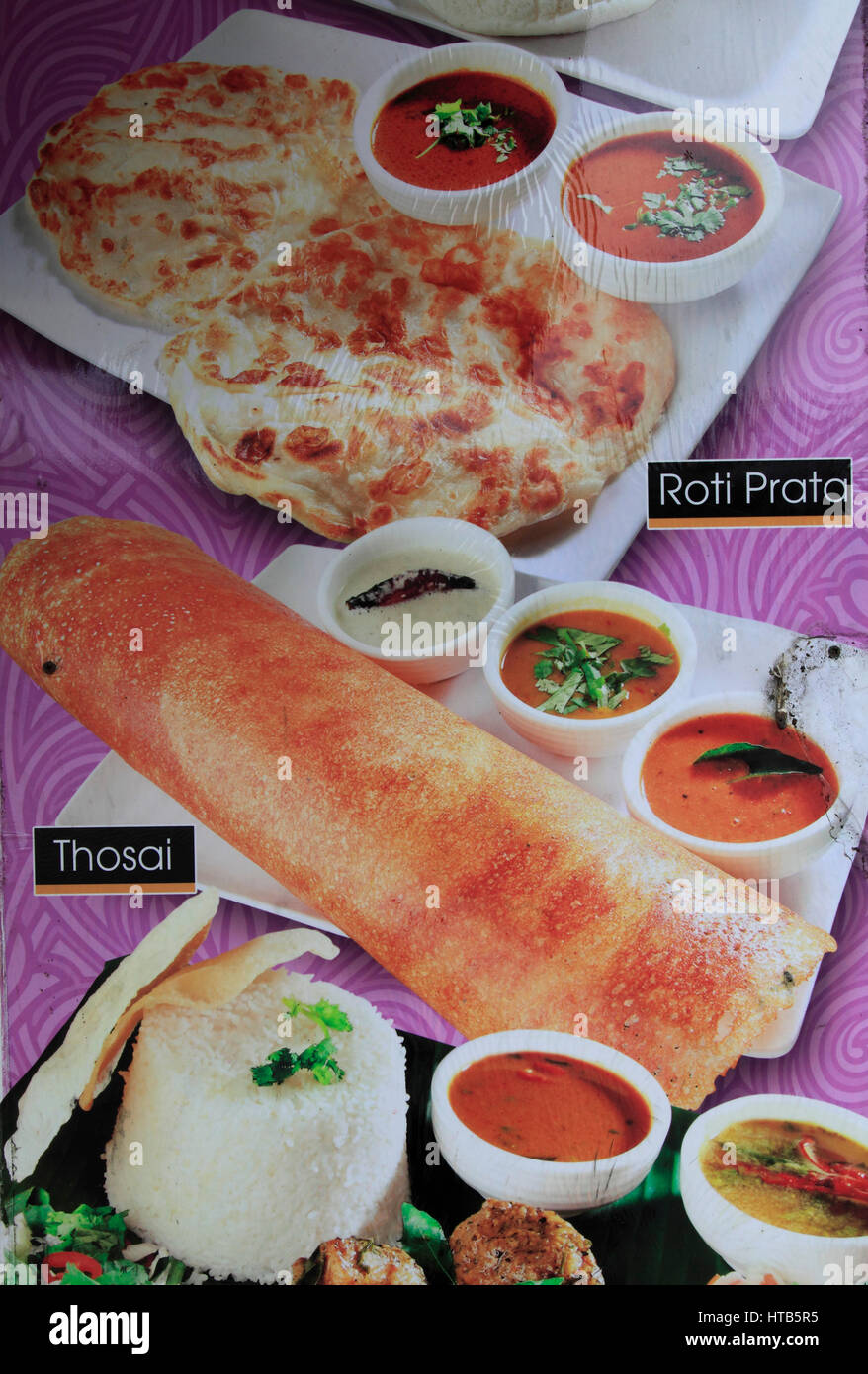 Singapore, Indian restaurant, menu items, Roti Prata, Thosai, Stock Photo