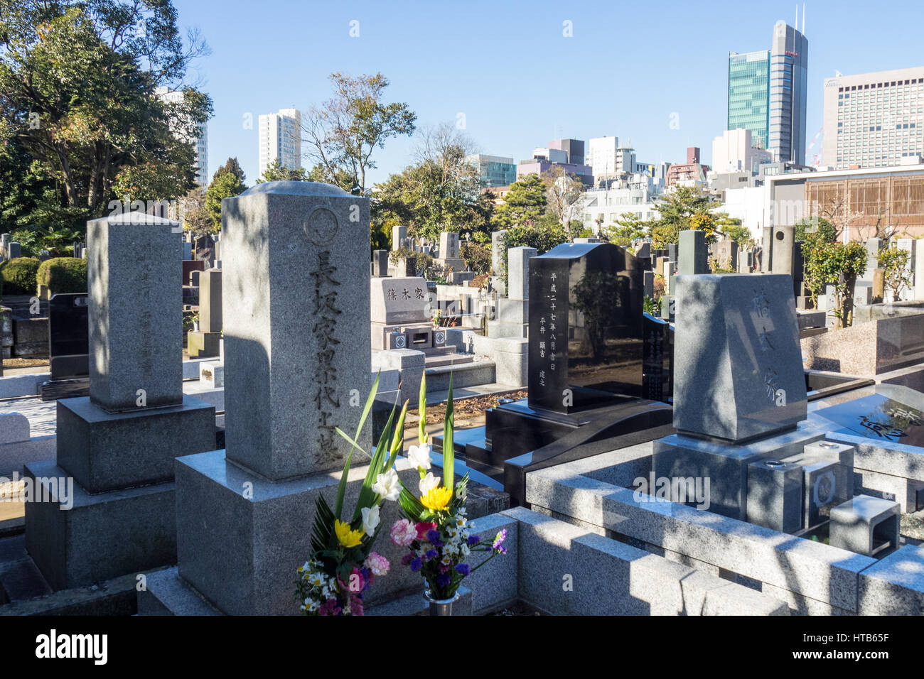 Granite headstones at Aoyama Cemetery, Tokyo, Japan. Stock Photo
