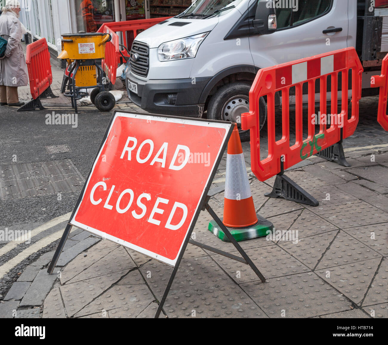 Road works signs warning of road closure in York,England Stock Photo