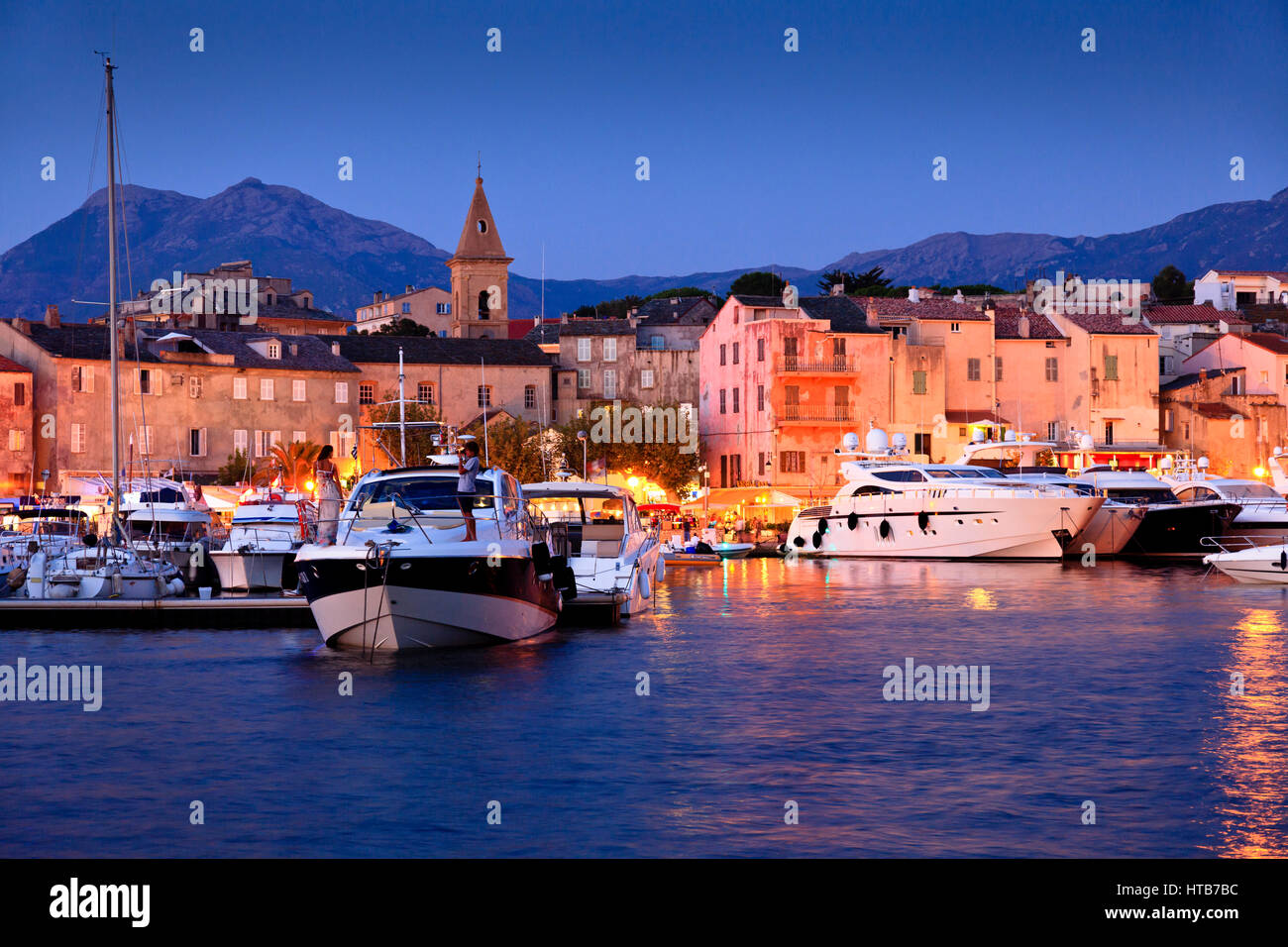 Night view of St Florent harbour, Corsica, France Stock Photo