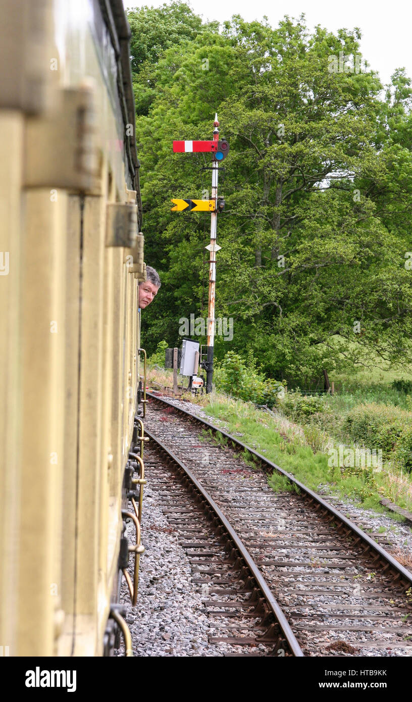 Where is that train passenger wonders on South Devon preserved railway Stock Photo