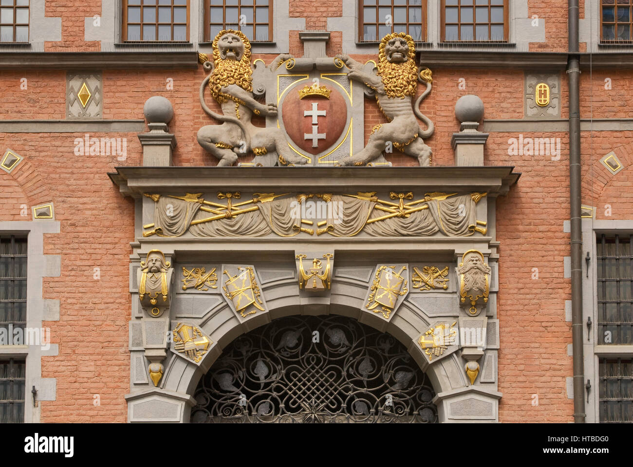 Coat of arms of Gdansk at portal at Great Arsenal in Gdansk, Pomerania, Poland Stock Photo