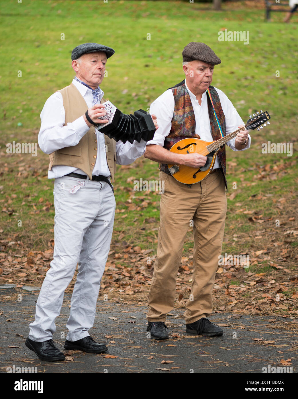 Musicians playing concertina and mandolin while Morris dancers dance at a wedding in Malvern, England. Stock Photo