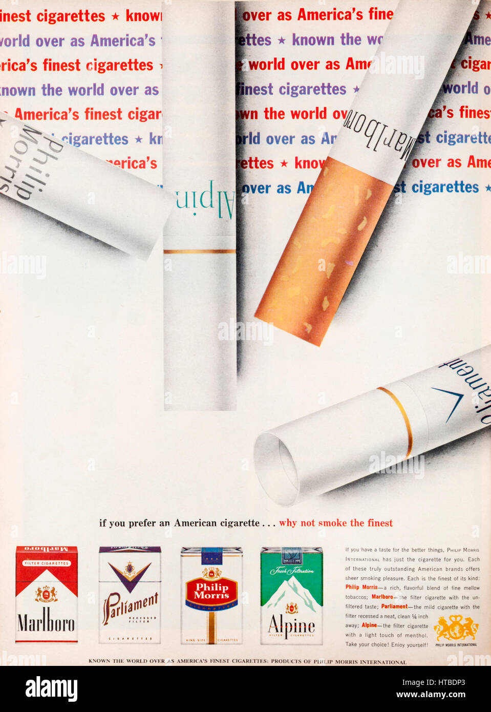 A 1960s magazine advertisement advertising Philip Morris cigarettes. Stock Photo