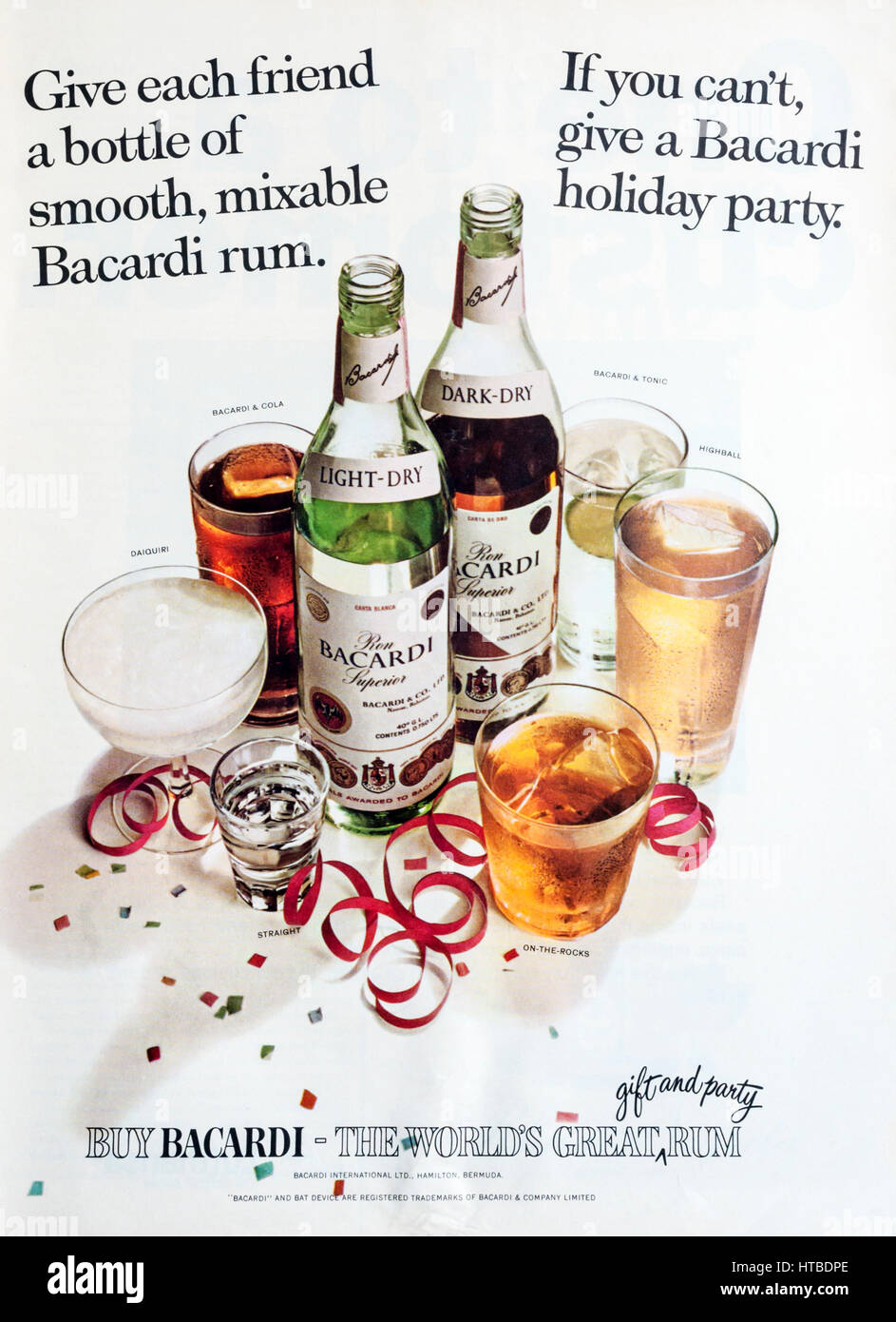 A 1960s magazine advertisement advertising Bacardi rum. Stock Photo
