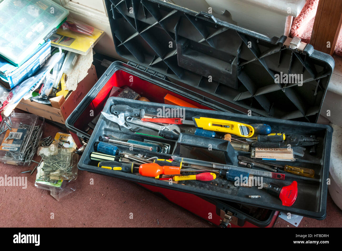 Tools in a toolbox left in the house while Do-It-Yourself work is being carried out. Stock Photo