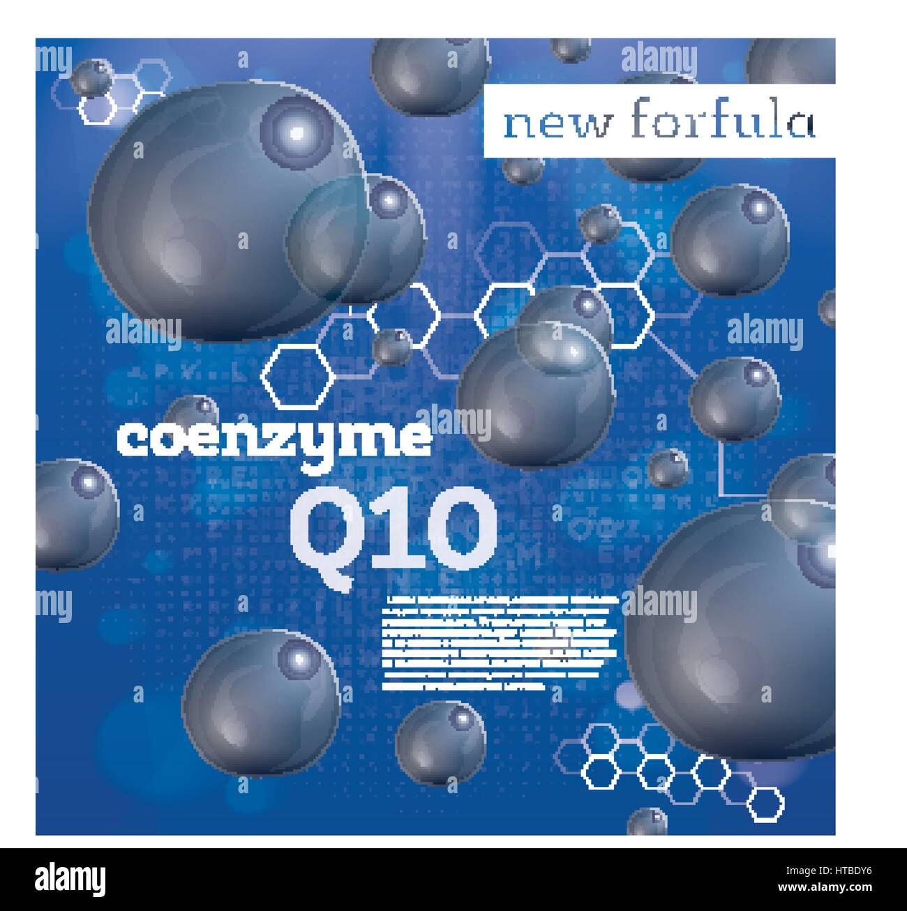 Coenzyme Q10. Transparent Bubbles on Blue Background. Vector illustration. Stock Vector