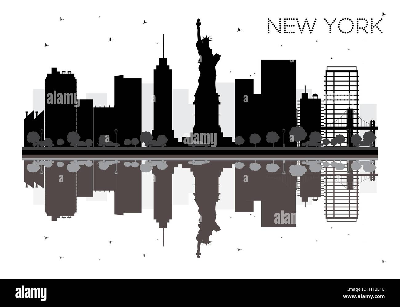 New York City skyline black and white silhouette with Reflections. Vector Illustration. Simple flat concept for tourism presentation, banner, placard  Stock Vector