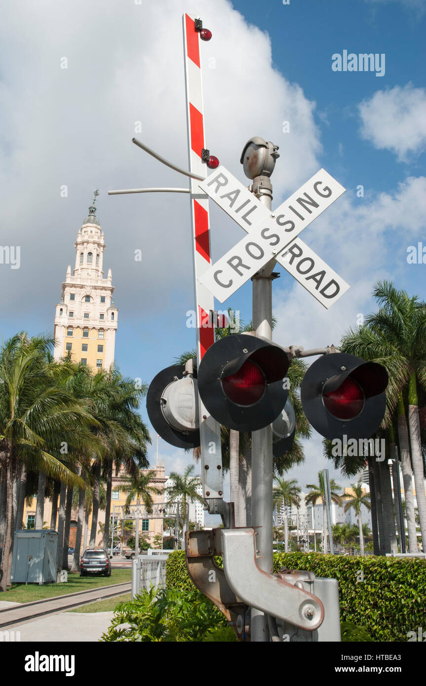 The railroad crossing sign in Miami downtown (Florida). Stock Photo