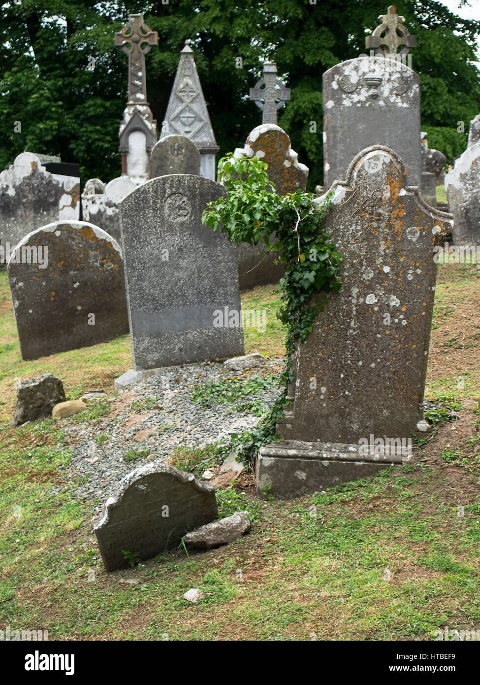 Tombstones at an old cemetery near Castletownroche in Cork County Ireland. Stock Photo