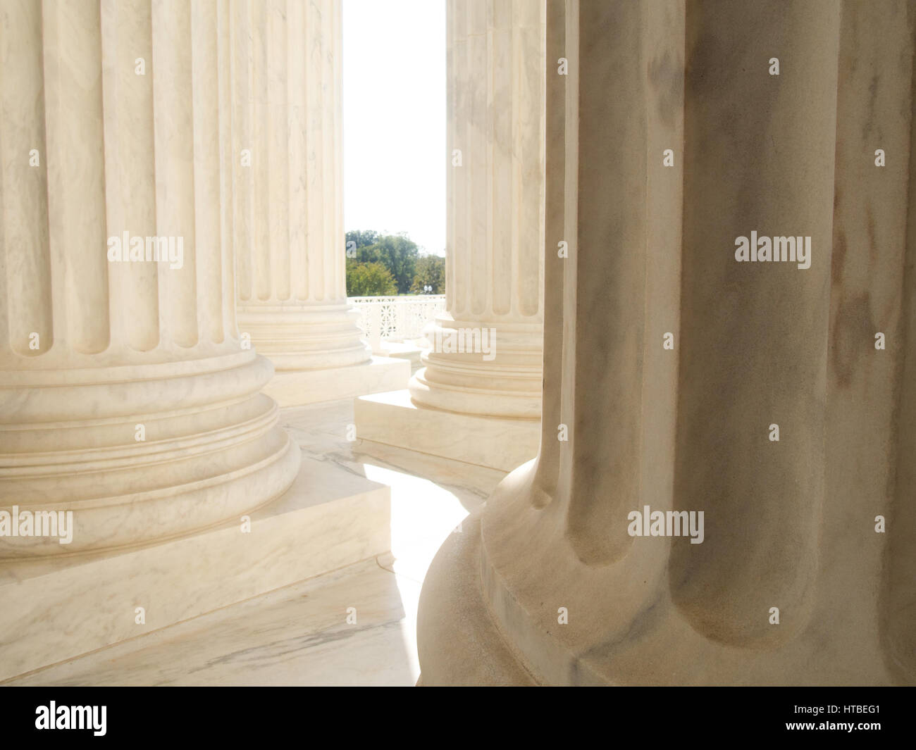 Detail of white marble columns at the United States Supreme Court Building in Washington DC Stock Photo